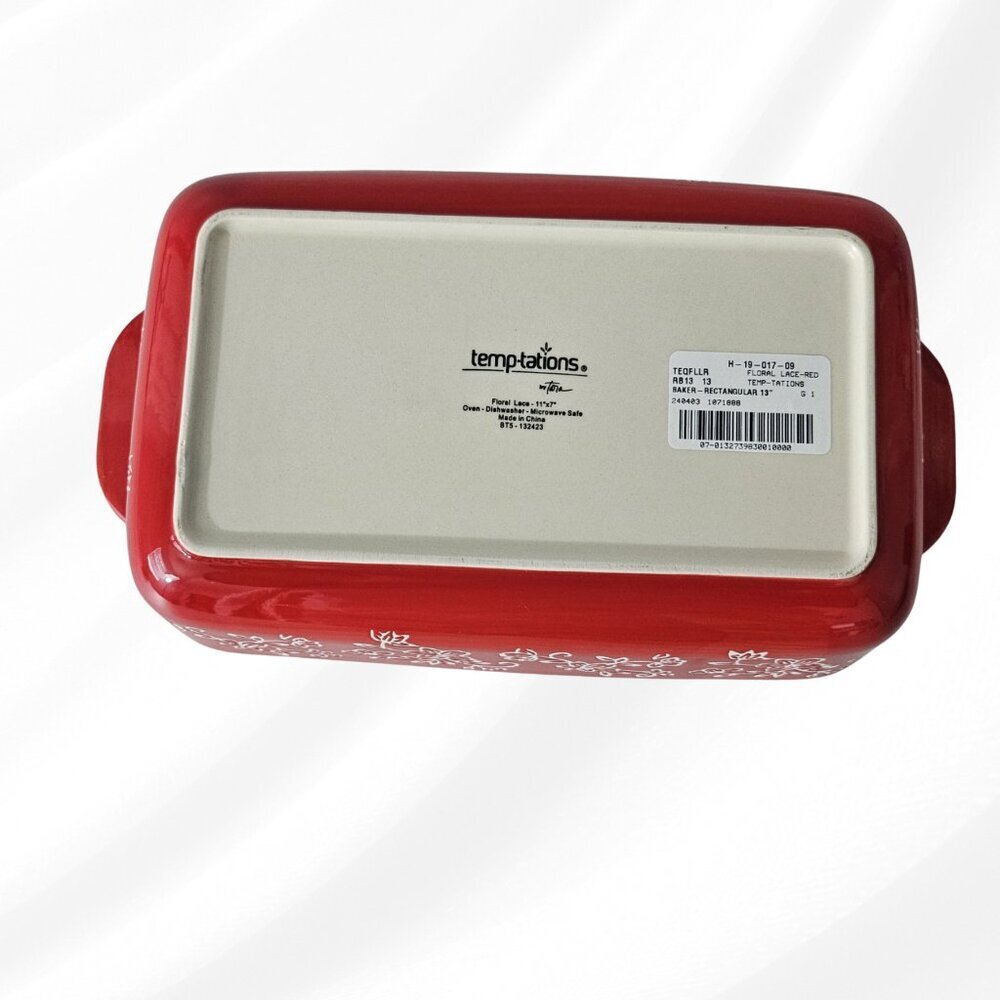 Temp‑Tations Floral Lace Red 13" Rectangular Baker- Stoneware Dish - Picture 6 of 8